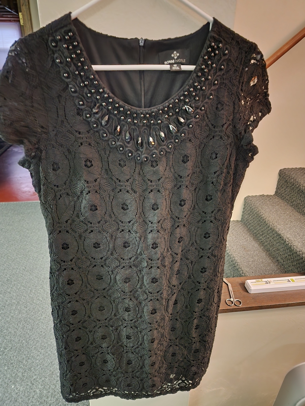 Ronni Nicole Sz 12 Black Lace Dress with Beaded Scoop Neck